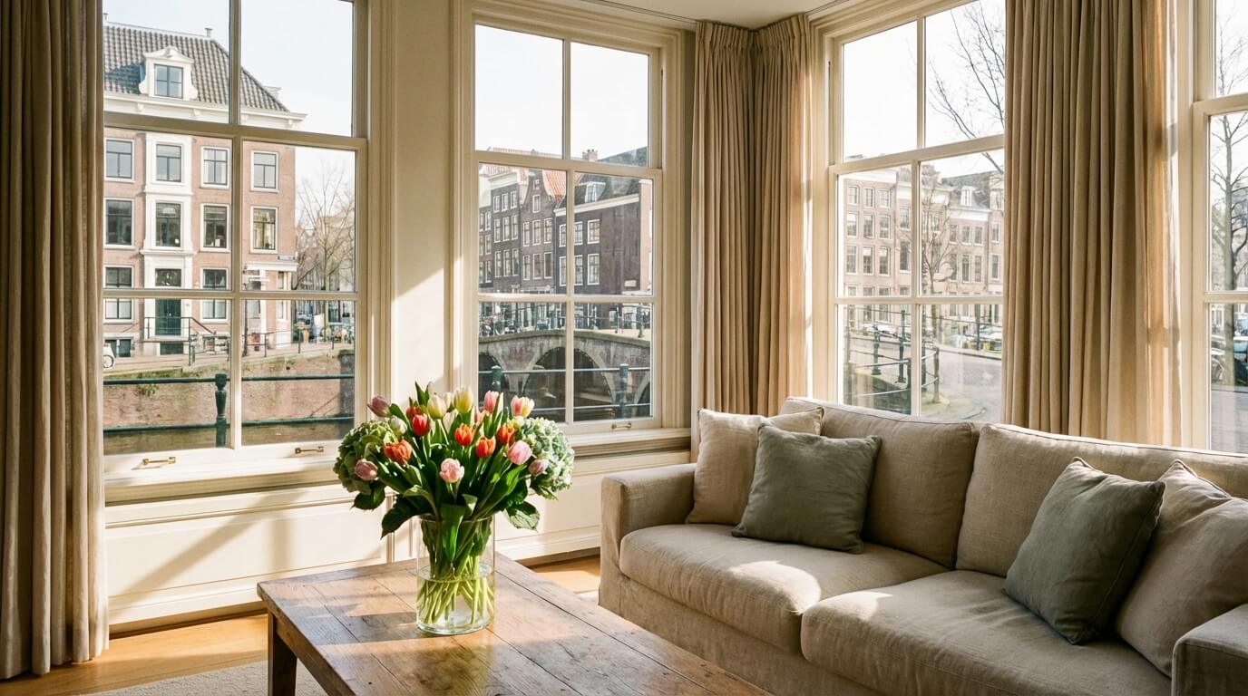 WoningWijs Voorbeeld team bij een recent verkochte woning in Amsterdam bij gouden uur